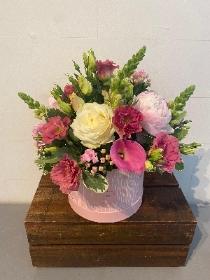 Pink and white hatbox